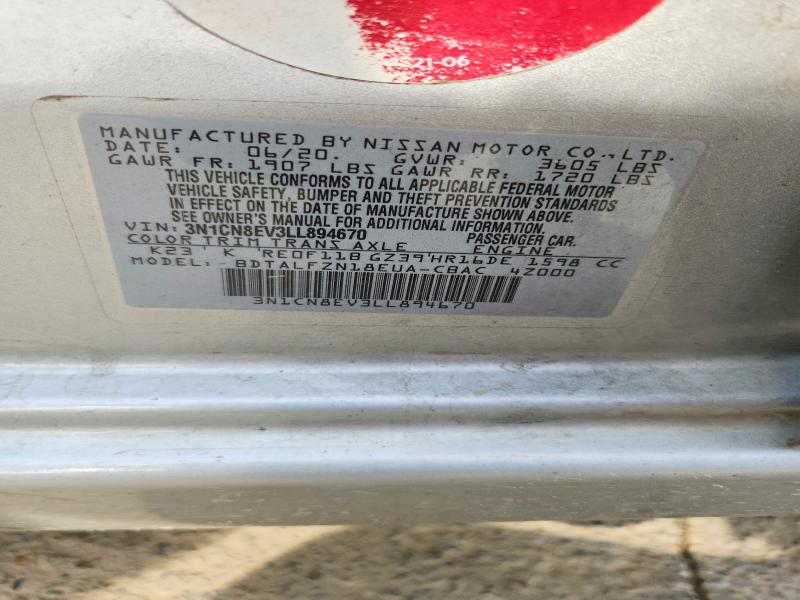 2020 Nissan Versa მანქანა იყიდება აუქციონზე, vin: 3N1CN8EV3LL894670, აუქციონის ნომერი: 53616216