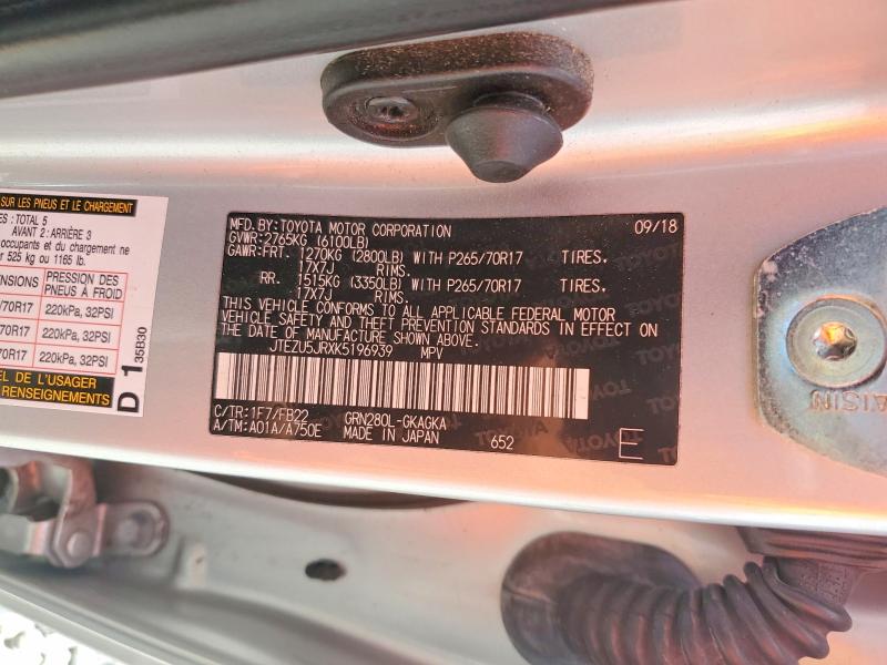 Auction sale of the 2019 Toyota 4runner, vin: JTEZU5JRXK5196939, lot number: 52626186