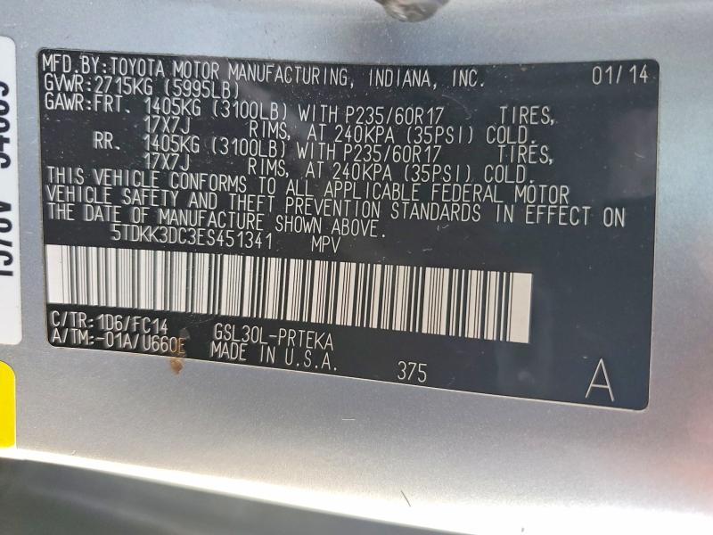 Aukcja sprzedaży 2014 Toyota Sienna, vin: 5TDKK3DC3ES451341, numer aukcji: 52942086