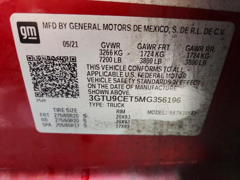 53790686 :رقم المزاد ، 3GTU9CET5MG356196 vin ، 2021 Gmc Sierra مزاد بيع