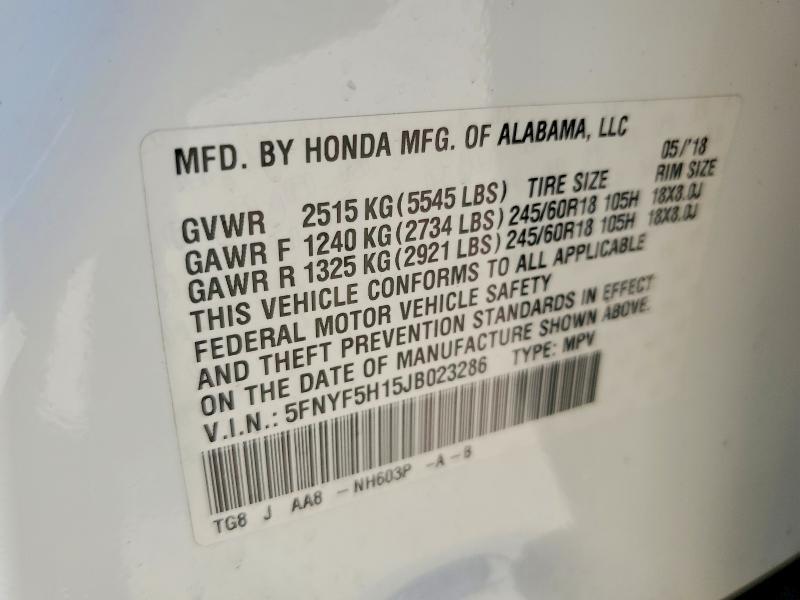 54521606 :رقم المزاد ، 5FNYF5H15JB023286 vin ، 2018 Honda Pilot مزاد بيع