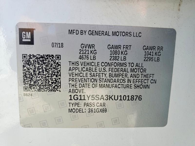 2019 Chevrolet Impala მანქანა იყიდება აუქციონზე, vin: 1G11Y5SA3KU101876, აუქციონის ნომერი: 54121436