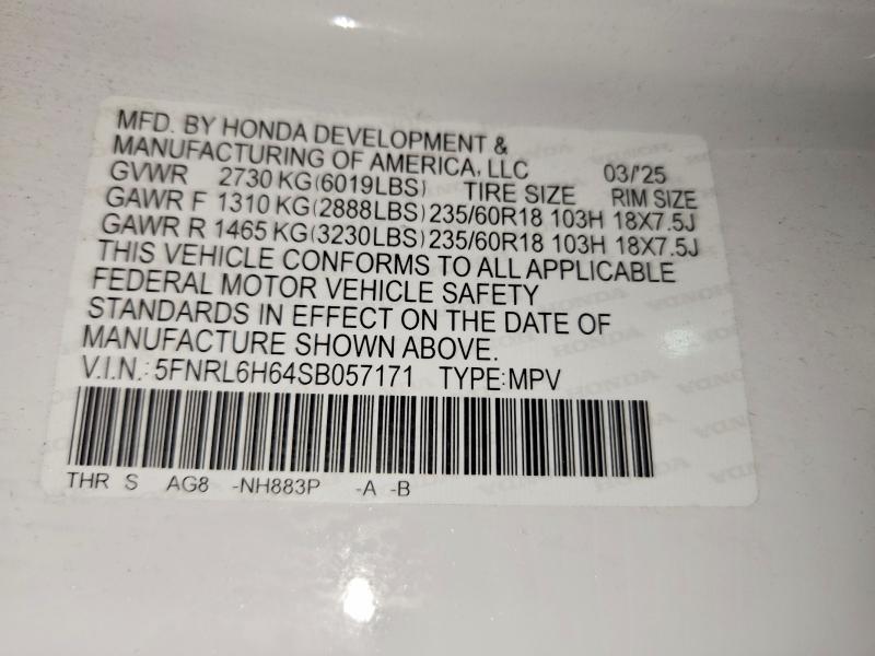 Aukcja sprzedaży 2025 Honda Odyssey, vin: 5FNRL6H64SB057171, numer aukcji: 55063956