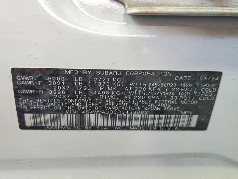 54670496 :رقم المزاد ، 4S4WMAUD3R3438083 vin ، 2024 Subaru Ascent مزاد بيع