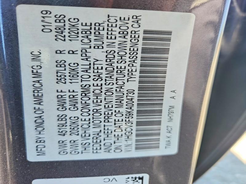 53824406 :رقم المزاد ، 1HGCV3F59KA004730 vin ، 2019 Honda Accord مزاد بيع