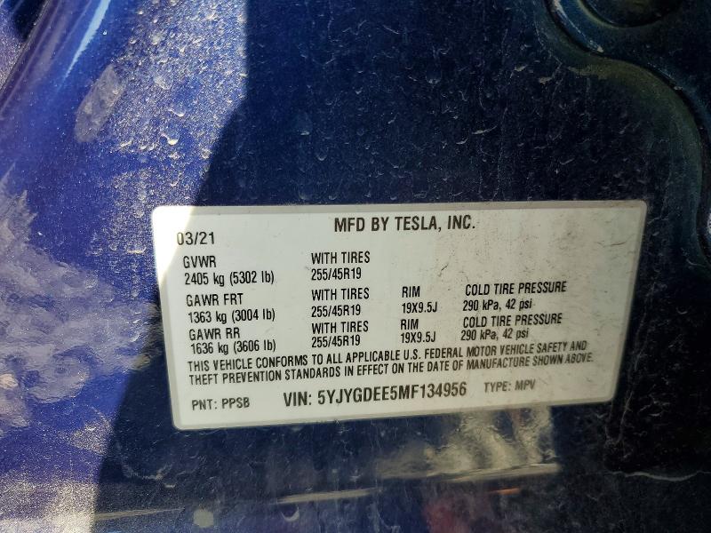 2021 Tesla Model Y მანქანა იყიდება აუქციონზე, vin: 5YJYGDEE5MF134956, აუქციონის ნომერი: 51910846