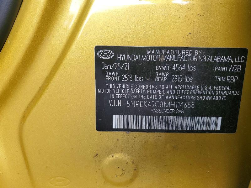 2021 Hyundai Sonata მანქანა იყიდება აუქციონზე, vin: 5NPEK4JC8MH114658, აუქციონის ნომერი: 54062586