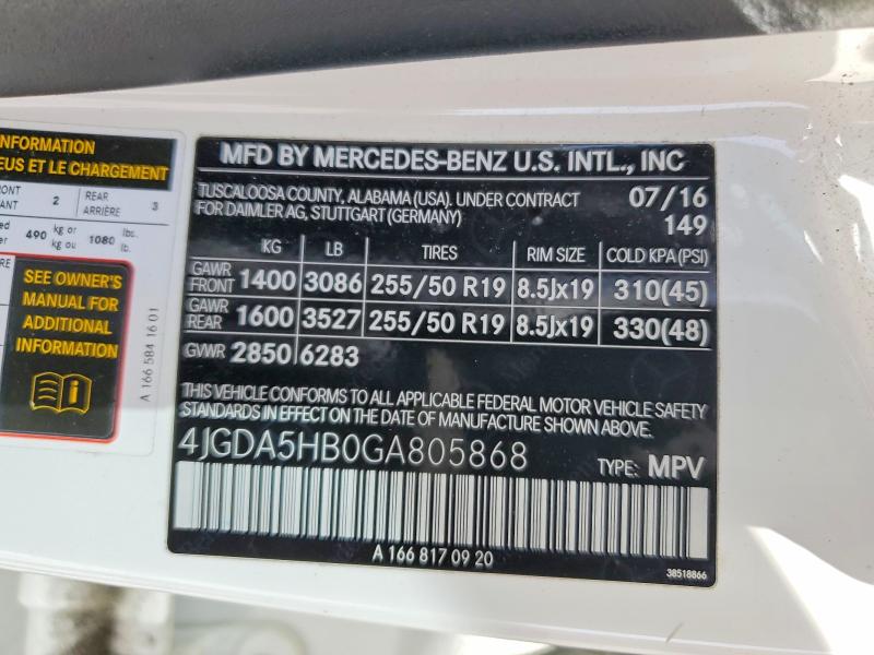 Aukcja sprzedaży 2016 Mercedes-benz Gle, vin: 4JGDA5HB0GA805868, numer aukcji: 53384706