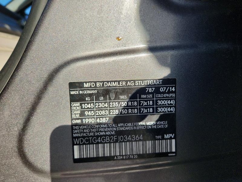 54645166 :رقم المزاد ، WDCTG4GB2FJ034364 vin ، 2015 Mercedes-benz Gla مزاد بيع