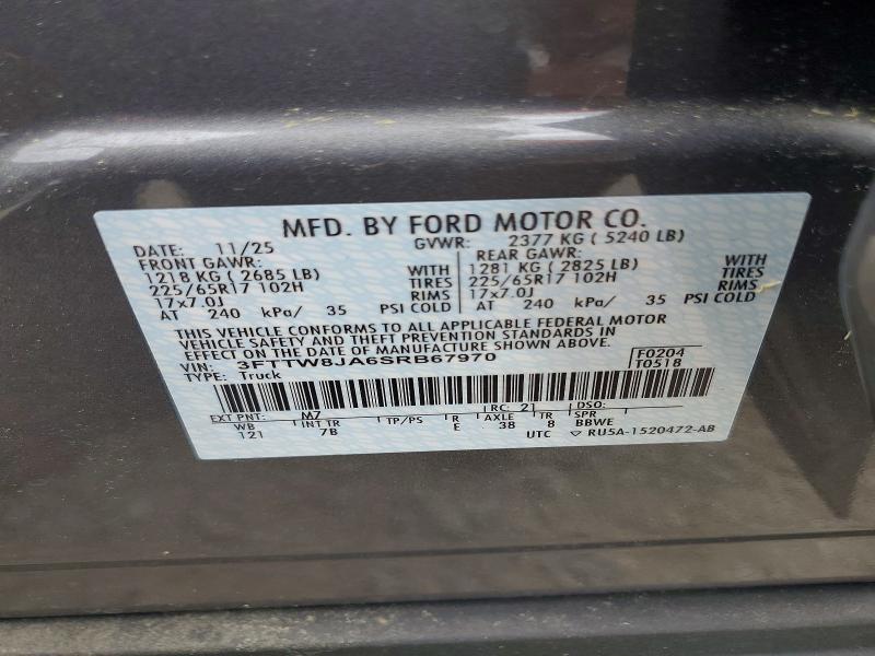 2025 Ford Maverick მანქანა იყიდება აუქციონზე, vin: 3FTTW8JA6SRB67970, აუქციონის ნომერი: 54851036