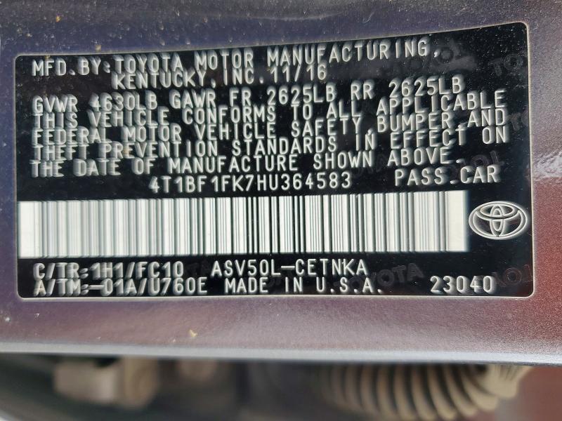 2017 Toyota Camry მანქანა იყიდება აუქციონზე, vin: 4T1BF1FK7HU364583, აუქციონის ნომერი: 51999126