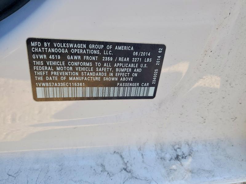 53263756 :رقم المزاد ، 1VWBS7A33EC115361 vin ، 2014 Volkswagen Passat مزاد بيع