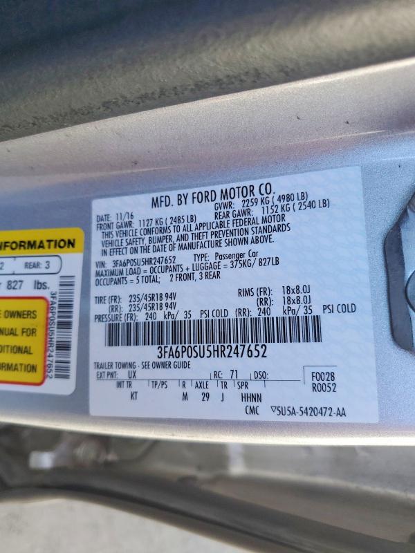 Aukcja sprzedaży 2017 Ford Fusion, vin: 3FA6P0SU5HR247652, numer aukcji: 53937096