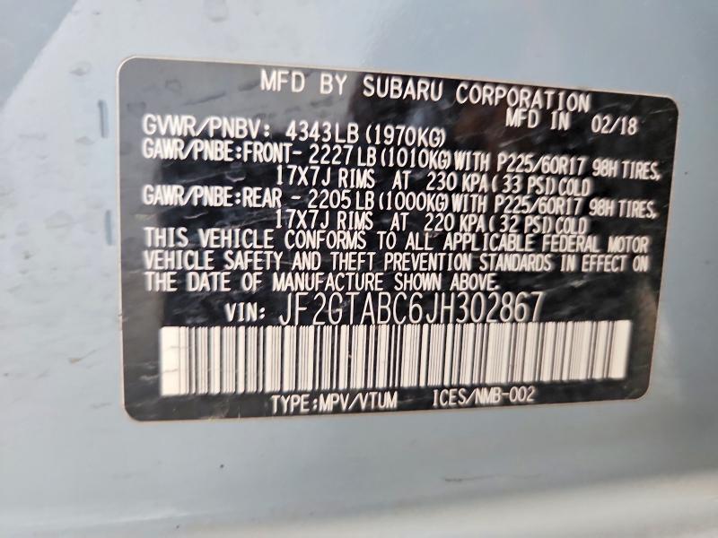 2018 Subaru Crosstrek მანქანა იყიდება აუქციონზე, vin: JF2GTABC6JH302867, აუქციონის ნომერი: 52523336