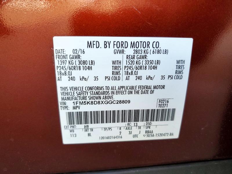 Продаж на аукціоні авто 2016 Ford Explorer, vin: 1FM5K8D8XGGC28809, номер лоту: 53997596