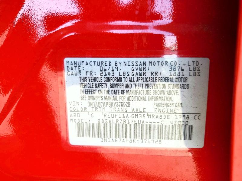 52885616 :رقم المزاد ، 3N1AB7AP8KY376928 vin ، 2019 Nissan Sentra مزاد بيع