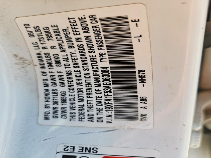 54187776 :رقم المزاد ، 19XFA1F53AE063084 vin ، 2010 Honda Civic مزاد بيع