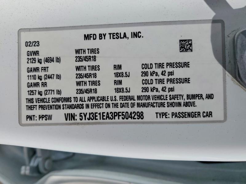 2023 Tesla Model 3 მანქანა იყიდება აუქციონზე, vin: 5YJ3E1EA3PF504298, აუქციონის ნომერი: 55358396