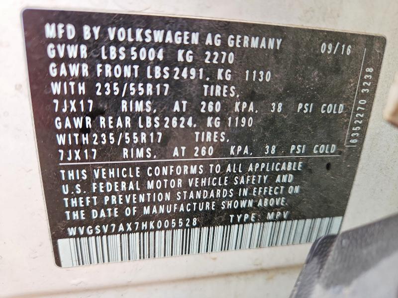 54770216 :رقم المزاد ، WVGSV7AX7HK005528 vin ، 2017 Volkswagen Tiguan مزاد بيع
