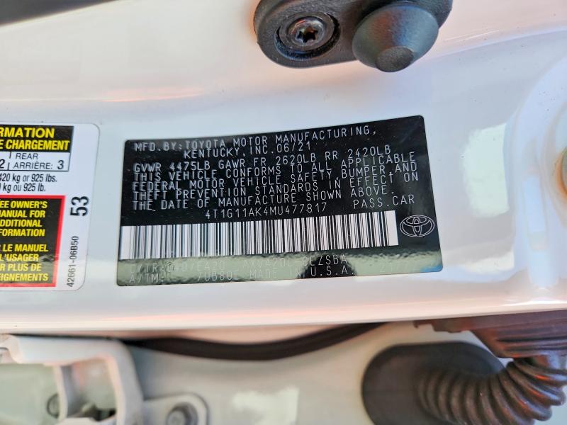 53234966 :رقم المزاد ، 4T1G11AK4MU477817 vin ، 2021 Toyota Camry مزاد بيع