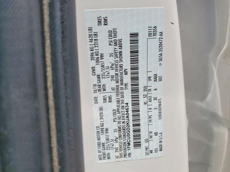 2019 Ford Escape მანქანა იყიდება აუქციონზე, vin: 1FMCU0GD2KUA04634, აუქციონის ნომერი: 52934216