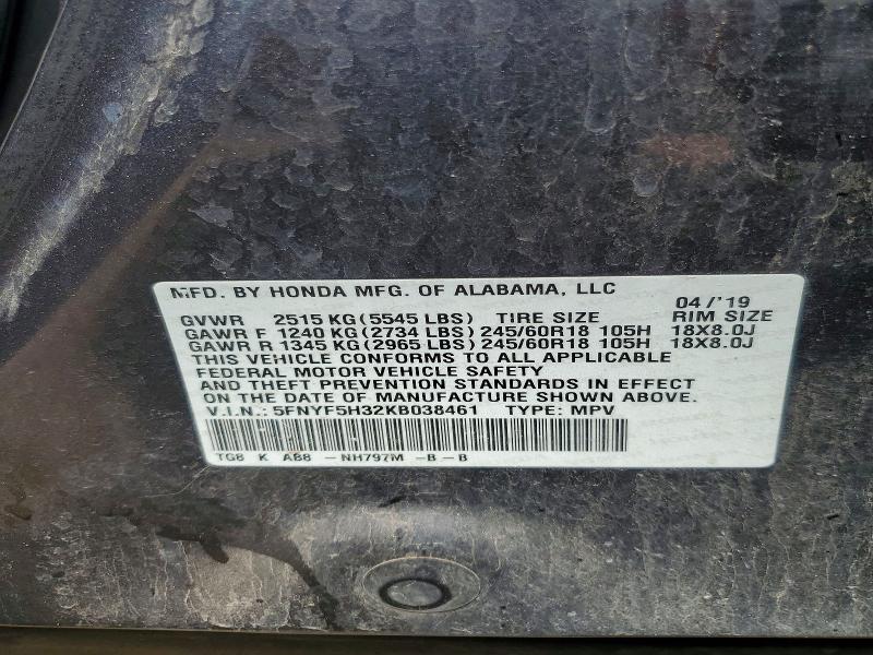 Aukcja sprzedaży 2019 Honda Pilot, vin: 5FNYF5H32KB038461, numer aukcji: 55101996