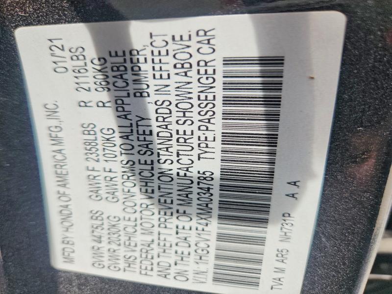 53931426 :رقم المزاد ، 1HGCV1F4XMA034785 vin ، 2021 Honda Accord مزاد بيع