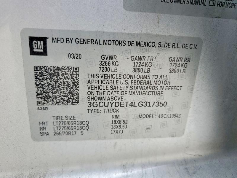 54520646 :رقم المزاد ، 3GCUYDET4LG317350 vin ، 2020 Chevrolet Silverado مزاد بيع