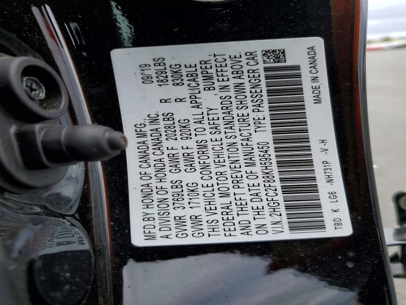 52572806 :رقم المزاد ، 2HGFC2F88KH595450 vin ، 2019 Honda Civic مزاد بيع