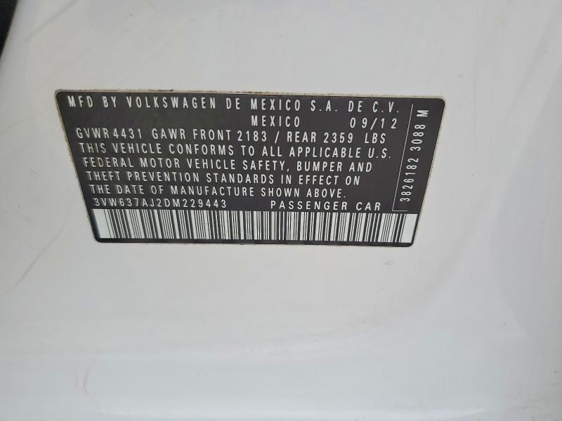 52546036 :رقم المزاد ، 3VW637AJ2DM229443 vin ، 2013 Volkswagen Jetta مزاد بيع