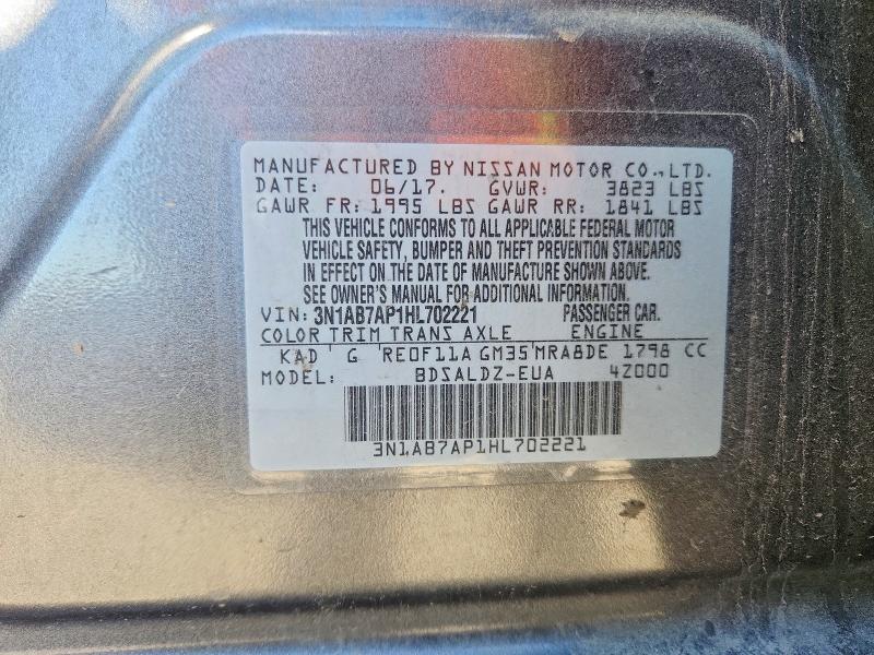 2017 Nissan Sentra მანქანა იყიდება აუქციონზე, vin: 3N1AB7AP1HL702221, აუქციონის ნომერი: 54125026