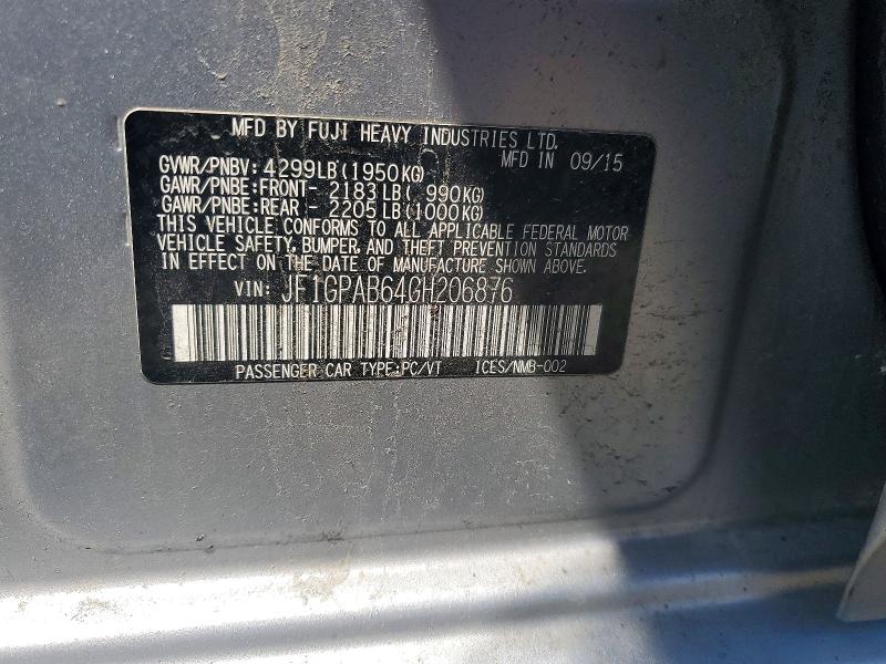 2016 Subaru Impreza მანქანა იყიდება აუქციონზე, vin: JF1GPAB64GH206876, აუქციონის ნომერი: 52148676