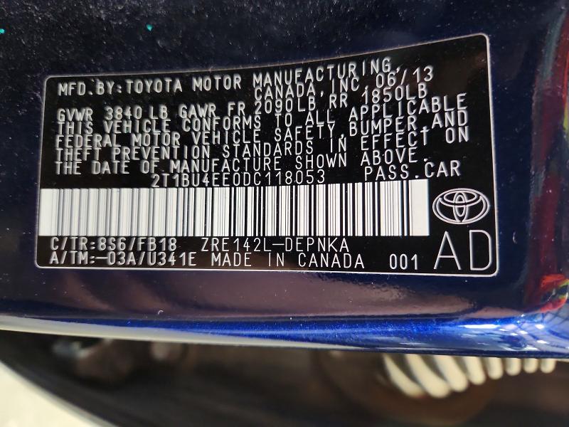 53387516 :رقم المزاد ، 2T1BU4EE0DC118053 vin ، 2013 Toyota Corolla مزاد بيع