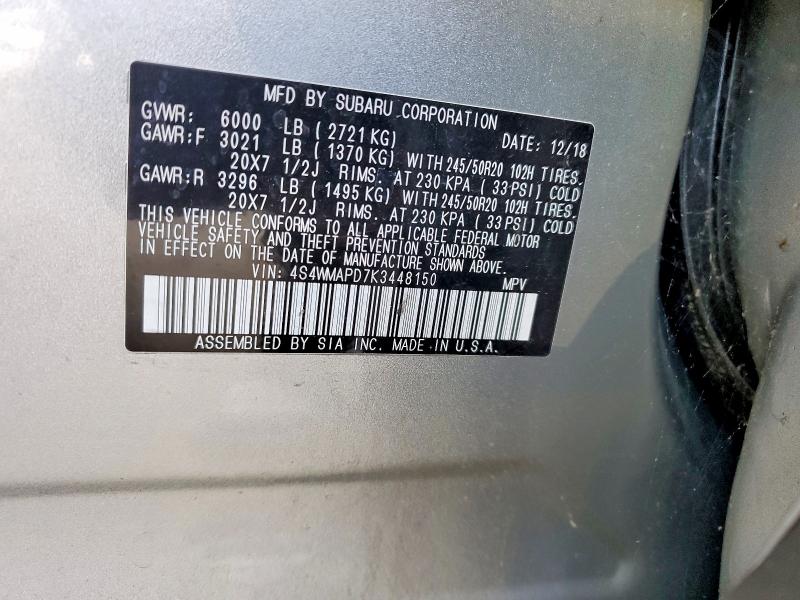 2019 Subaru Ascent მანქანა იყიდება აუქციონზე, vin: 4S4WMAPD7K3448150, აუქციონის ნომერი: 53881806