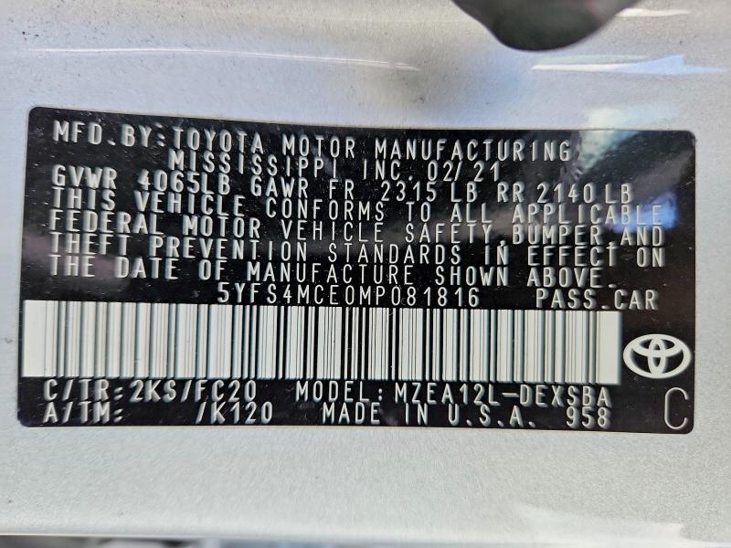 2021 Toyota Corolla მანქანა იყიდება აუქციონზე, vin: 5YFS4MCE0MP081816, აუქციონის ნომერი: 52388466