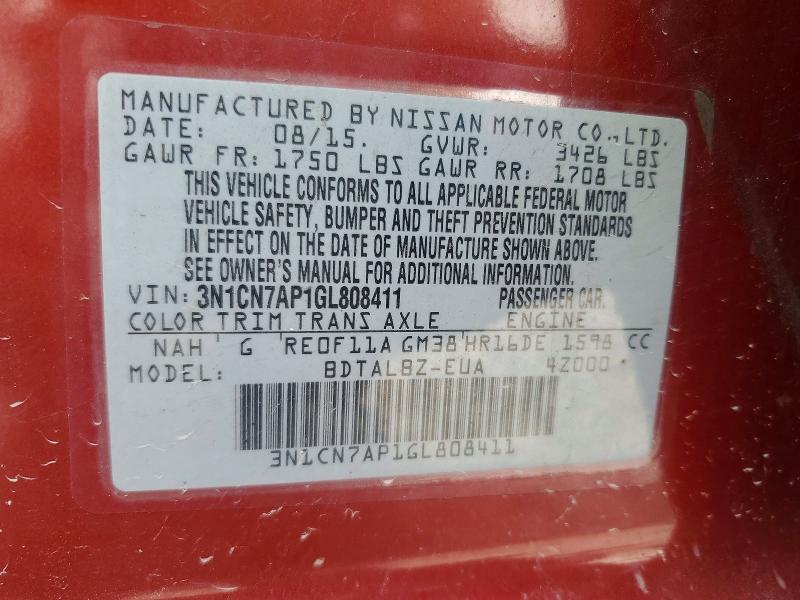 55050136 :رقم المزاد ، 3N1CN7AP1GL808411 vin ، 2016 Nissan Versa مزاد بيع