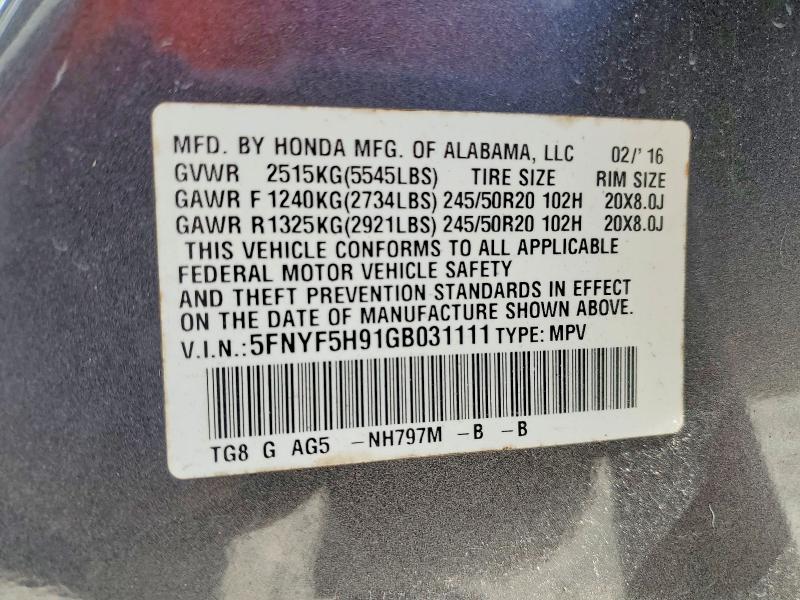 53839286 :رقم المزاد ، 5FNYF5H91GB031111 vin ، 2016 Honda Pilot مزاد بيع