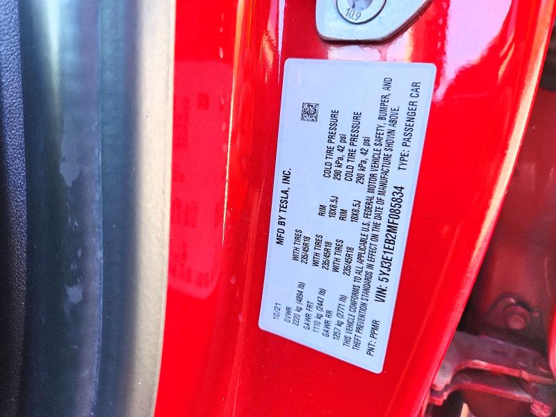 2021 Tesla Model 3 მანქანა იყიდება აუქციონზე, vin: 5YJ3E1EB2MF085834, აუქციონის ნომერი: 53750366