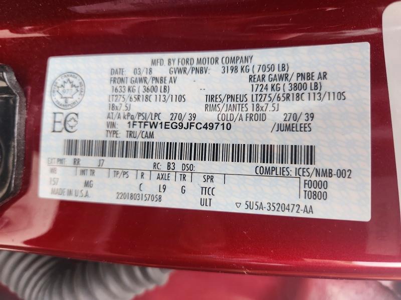 54234806 :رقم المزاد ، 1FTFW1EG9JFC49710 vin ، 2018 Ford F150 مزاد بيع