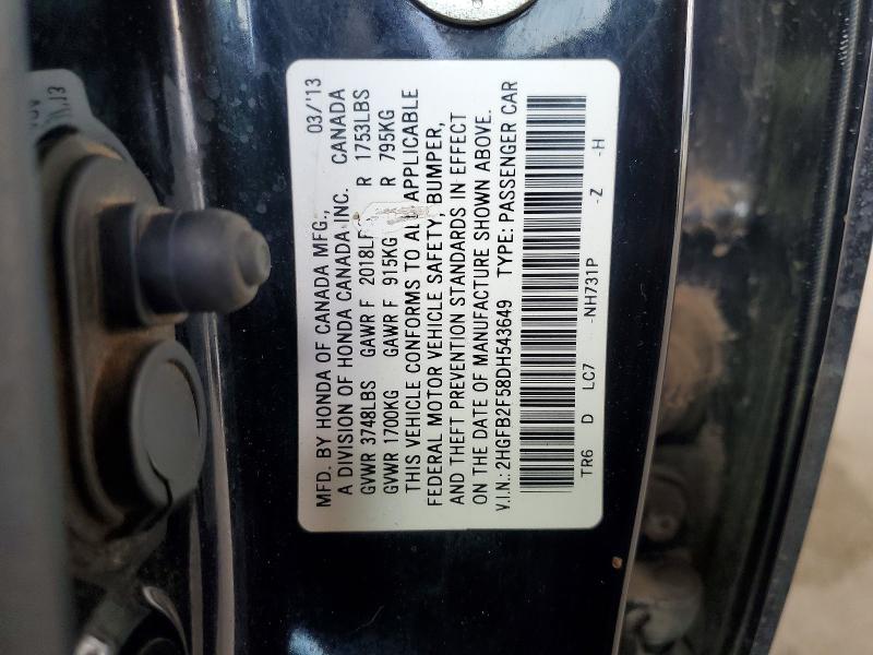 52264856 :رقم المزاد ، 2HGFB2F58DH543649 vin ، 2013 Honda Civic مزاد بيع