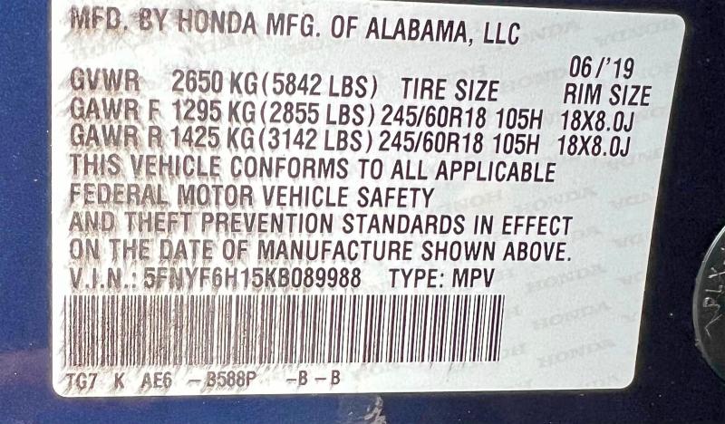 2019 Honda Pilot მანქანა იყიდება აუქციონზე, vin: 5FNYF6H15KB089988, აუქციონის ნომერი: 55226716