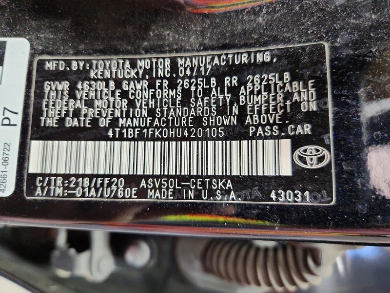2017 Toyota Camry მანქანა იყიდება აუქციონზე, vin: 4T1BF1FK0HU420105, აუქციონის ნომერი: 53042966