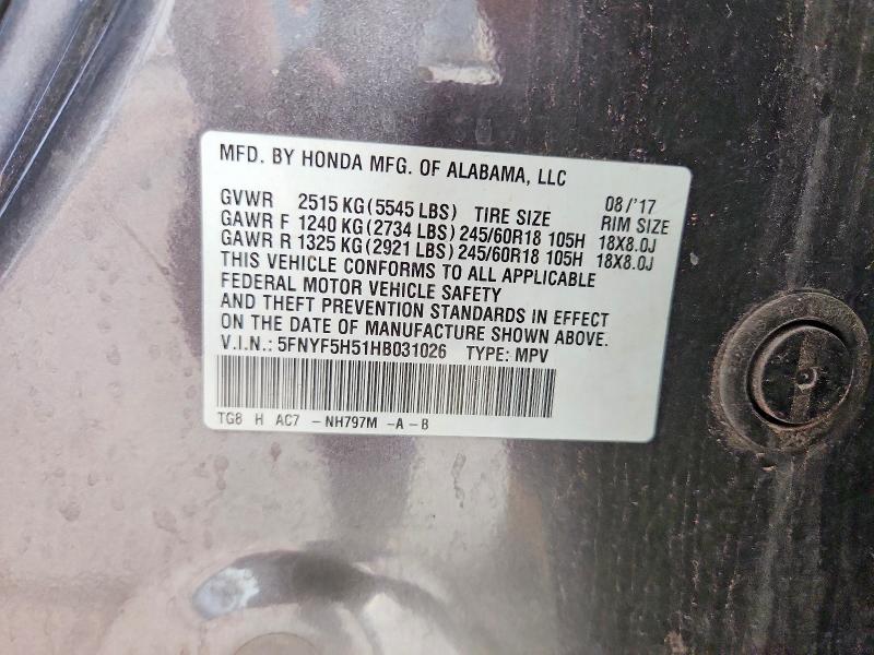 Aukcja sprzedaży 2017 Honda Pilot, vin: 5FNYF5H51HB031026, numer aukcji: 54353826