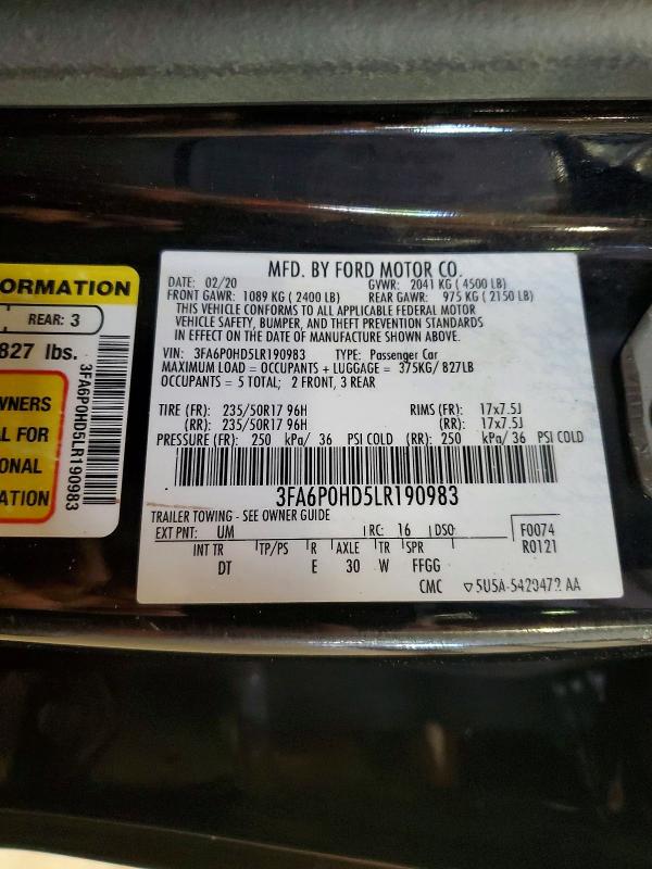 Aukcja sprzedaży 2020 Ford Fusion, vin: 3FA6P0HD5LR190983, numer aukcji: 51203576