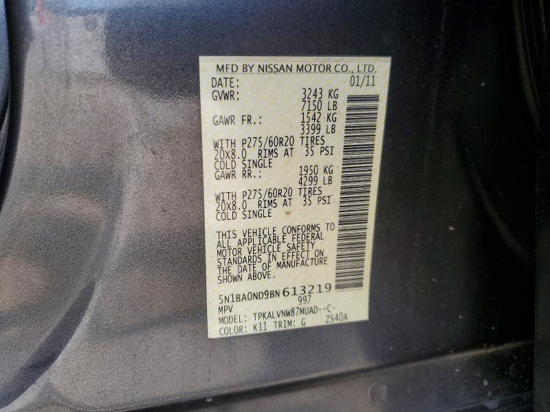 Auction sale of the 2011 Nissan Armada, vin: 5N1BA0ND9BN613219, lot number: 54092206