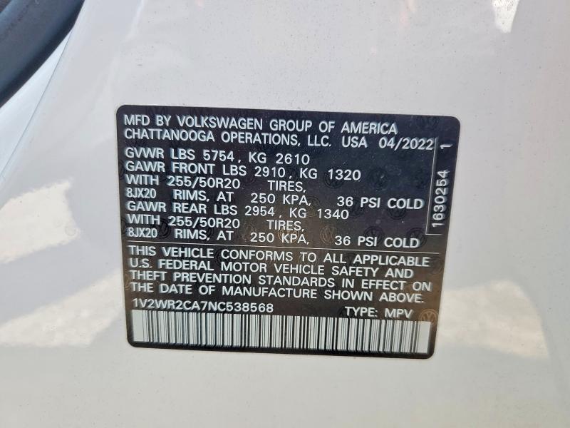 52264526 :رقم المزاد ، 1V2WR2CA7NC538568 vin ، 2022 Volkswagen Atlas مزاد بيع