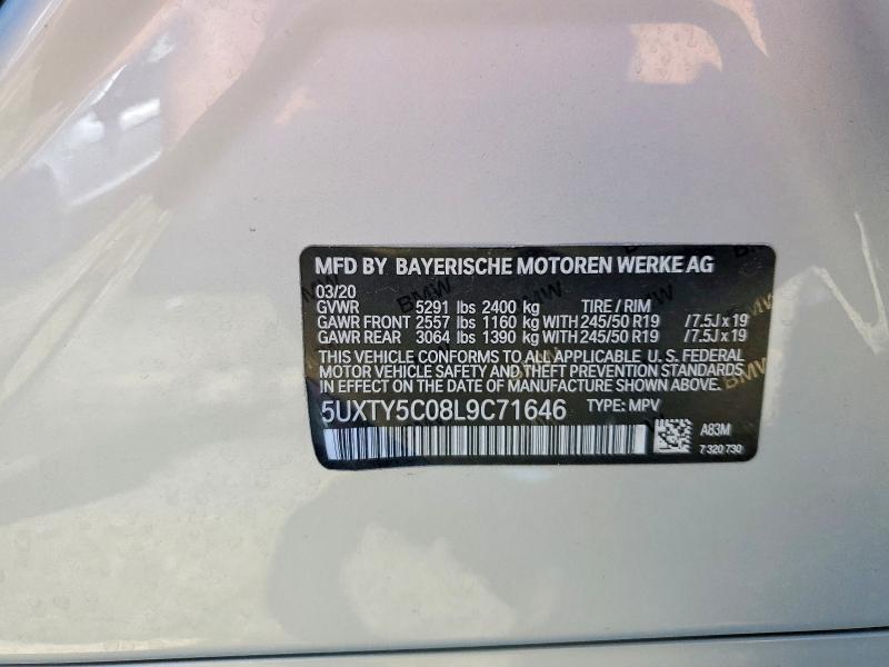 52950846 :رقم المزاد ، 5UXTY5C08L9C71646 vin ، 2020 Bmw X3 مزاد بيع