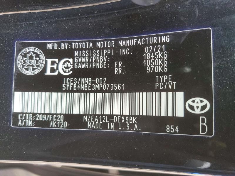 Продаж на аукціоні авто 2021 Toyota Corolla, vin: 5YFB4MBE3MP079561, номер лоту: 53555706