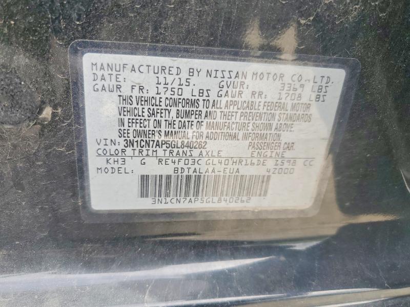 Продажа на аукционе авто 2016 Nissan Versa, vin: 3N1CN7AP5GL840262, номер лота: 54692346