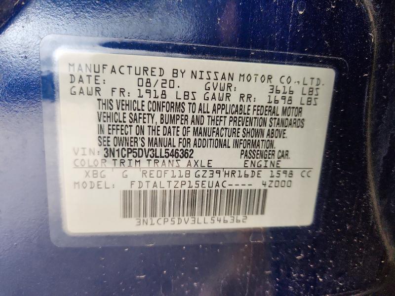 54022046 :رقم المزاد ، 3N1CP5DV3LL546362 vin ، 2020 Nissan Kicks مزاد بيع